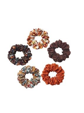 Floral and Polka Dot Scrunchie Set - Brown, Orange, Cream